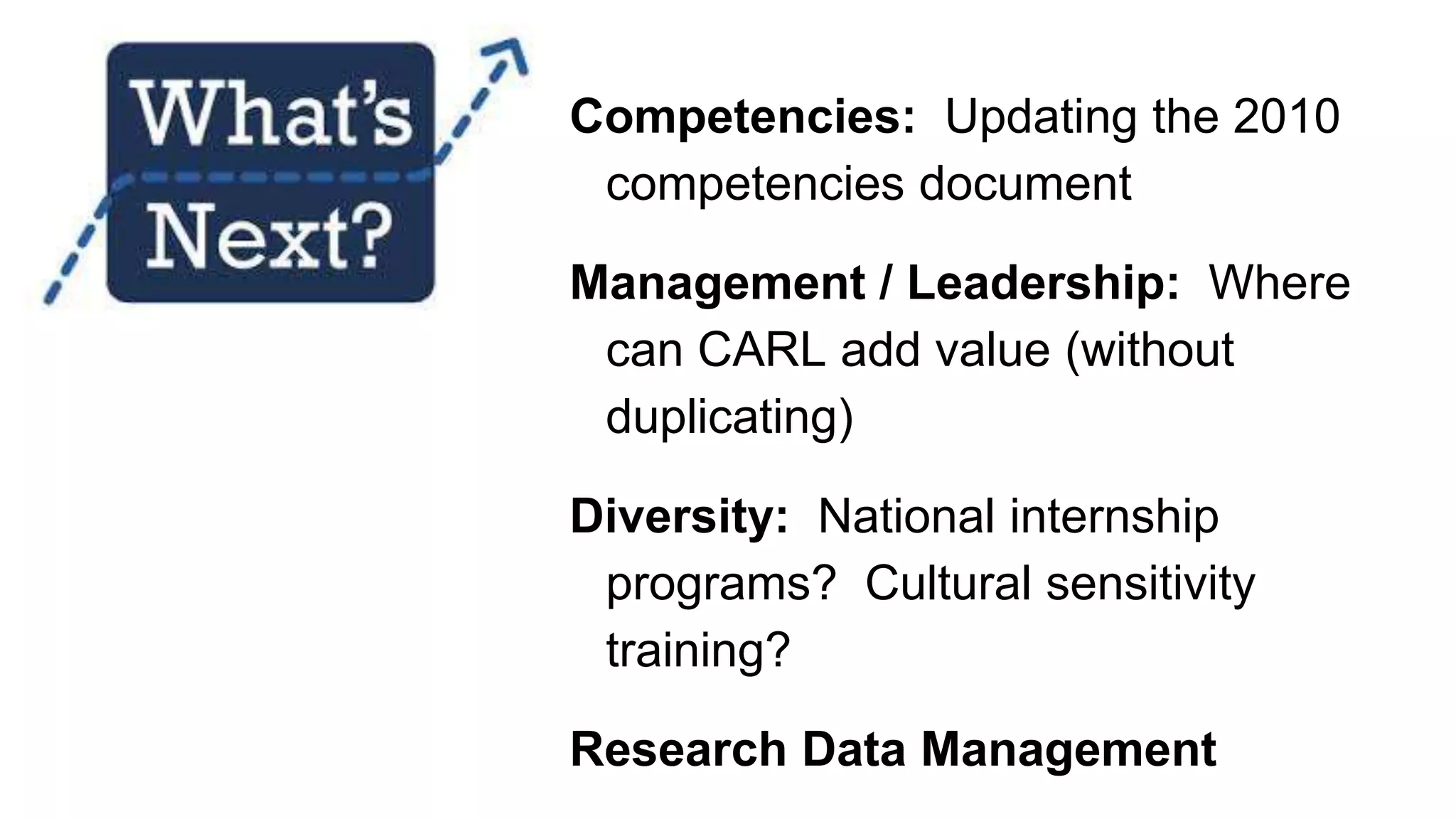 Competencies: Updating the 2010
competencies document
Management / Leadership: Where
can CARL add value (without
duplicating)
Diversity: National internship
programs? Cultural sensitivity
training?
Research Data Management
 