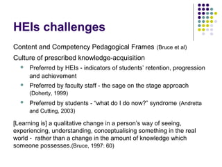 HEIs challenges
Content and Competency Pedagogical Frames (Bruce et al)
Culture of prescribed knowledge-acquisition
 Preferred by HEIs - indicators of students’ retention, progression
and achievement
 Preferred by faculty staff - the sage on the stage approach
(Doherty, 1999)
 Preferred by students - “what do I do now?” syndrome (Andretta
and Cutting, 2003)
[Learning is] a qualitative change in a person’s way of seeing,
experiencing, understanding, conceptualising something in the real
world - rather than a change in the amount of knowledge which
someone possesses.(Bruce, 1997: 60)
 