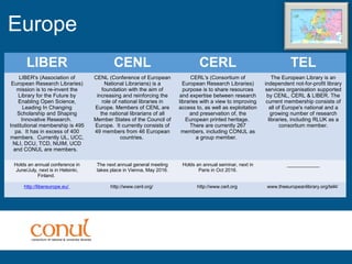 Europe
LIBER CENL CERL TEL
LIBER's (Association of
European Research Libraries)
mission is to re-invent the
Library for the Future by
Enabling Open Science,
Leading In Changing
Scholarship and Shaping
Innovative Research.
Institutional membership is 495
pa. It has in excess of 400
members. Currently UL, UCC,
NLI, DCU, TCD, NUIM, UCD
and CONUL are members.
CENL (Conference of European
National Librarians) is a
foundation with the aim of
increasing and reinforcing the
role of national libraries in
Europe. Members of CENL are
the national librarians of all
Member States of the Council of
Europe. It currently consists of
49 members from 46 European
countries.
CERL's (Consortium of
European Research Libraries)
purpose is to share resources
and expertise between research
libraries with a view to improving
access to, as well as exploitation
and preservation of, the
European printed heritage.
There are currently 267
members, including CONUL as
a group member.
The European Library is an
independent not-for-profit library
services organisation supported
by CENL, CERL & LIBER. The
current membership consists of
all of Europe's national and a
growing number of research
libraries, including RLUK as a
consortium member.
Holds an annual conference in
June/July, next is in Helsinki,
Finland.
The next annual general meeting
takes place in Vienna, May 2016.
Holds an annual seminar, next in
Paris in Oct 2016.
____________
http://libereurope.eu/ http://www.cenl.org/ http://www.cerl.org www.theeuropeanlibrary.org/tel4/
 