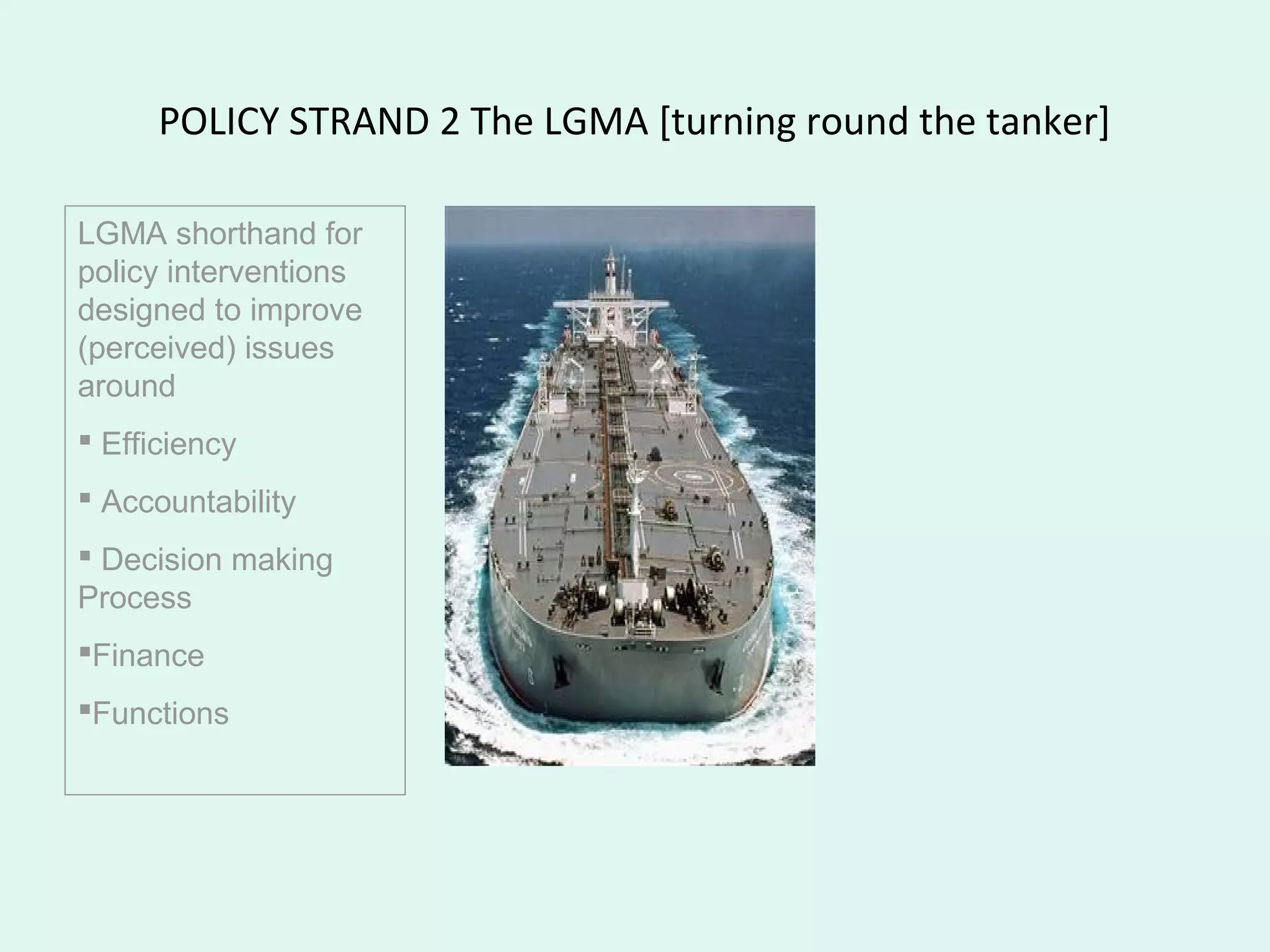 POLICY STRAND 2 The LGMA [turning round the tanker]
LGMA shorthand for
policy interventions
designed to improve
(perceived) issues
around
 Efficiency
 Accountability
 Decision making
Process
Finance
Functions
 