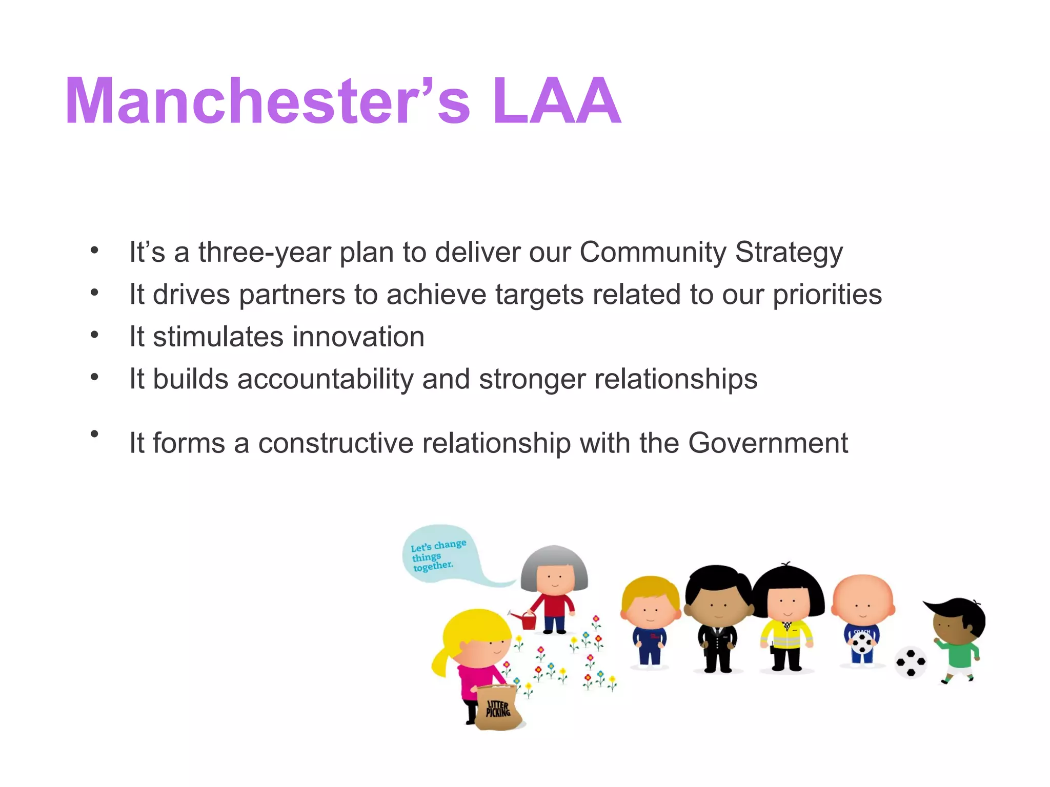 Manchester’s LAA
• It’s a three-year plan to deliver our Community Strategy
• It drives partners to achieve targets related to our priorities
• It stimulates innovation
• It builds accountability and stronger relationships
• It forms a constructive relationship with the Government
 