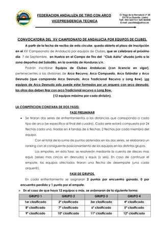 FEDER
A
CION
ANDALUZADE
TIRO
C
O
N
ARCO
C/ Vega de la Herradura nº 26
23170 La Guardia (Jaén)
Telf.: 953 322113 // 625 383556
E-mail: pacofata@yahoo.es
FEDERACION ANDALUZA DE TIRO CON ARCO
VICEPRESIDENCIA TECNICA
CONVOCATORIA DEL XV CAMPEONATO DE ANDALUCIA POR EQUIPOS DE CLUBES.
A partir de la fecha de recibo de esta circular, queda abierto el plazo de inscripción
en el XV Campeonato de Andalucía por equipos de Clubes, que se celebrara el próximo
día 7 de Septiembre, en Huelva en el Campo de Tiro del “Club Asirio” situado junto a la
zona deportiva del Saladillo, en la avenida de Honduras s/n.
Podrán inscribirse Equipos de Clubes Andaluces (con licencia en vigor),
pertenecientes a las divisiones de Arco Recurvo, Arco Compuesto, Arco Estándar y Arco
Desnudo (que comprende Arco Desnudo, Arco Tradicional Recurvo y Long Bow). Los
equipos de Arco Desnudo solo puede estar formados por un arquero con arco desnudo,
los otros dos deben tirar con arco Tradicional recurvo o Long Bow.
(12 equipos máximo por cada división).
LA COMPETICION CONSTARA DE DOS FASES:
FASE PRELIMINAR
 Se tiraran dos series de enfrentamientos a las distancias que corresponda a cada
tipo de arco (se especifica al final del cuadro). Cada serie estará compuesta por 24
flechas cada una, tiradas en 4 tandas de 6 flechas, 2 flechas por cada miembro del
equipo.
Con el total de la suma de puntos obtenidos en las dos series, se elaborara un
ranking con el consiguiente posicionamiento de los equipos en los distintos grupos.
Los empates, en esta fase, se resolverán mediante la cuenta de dieces mas
equis (seises mas cincos en desnudo) y equis (y seis). En caso de continuar el
empate, los equipos afectados tiraran una flecha de desempate (una cada
arquer@).
FASE DE GRUPOS.
En cada enfrentamiento se asignaran 2 puntos por encuentro ganado, 0 por
encuentro perdido y 1 punto por el empate.
 En el caso de que haya 12 equipos o más, se ordenaran de la siguiente forma:
GRUPO 1 GRUPO 2 GRUPO 3 GRUPO 4
1er clasificado 2º clasificado 3er clasificado 4º clasificado
8º clasificado 7º clasificado 6º clasificado 5º clasificado
9º clasificado 10º clasificado 11º clasificado 12º clasificado
 