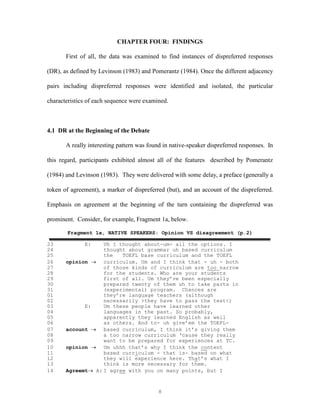 8
CHAPTER FOUR: FINDINGS
First of all, the data was examined to find instances of dispreferred responses
(DR), as defined by Levinson (1983) and Pomerantz (1984). Once the different adjacency
pairs including dispreferred responses were identified and isolated, the particular
characteristics of each sequence were examined.
4.1 DR at the Beginning of the Debate
A really interesting pattern was found in native-speaker dispreferred responses. In
this regard, participants exhibited almost all of the features described by Pomerantz
(1984) and Levinson (1983). They were delivered with some delay, a preface (generally a
token of agreement), a marker of dispreferred (but), and an account of the dispreferred.
Emphasis on agreement at the beginning of the turn containing the dispreferred was
prominent. Consider, for example, Fragment 1a, below.
Fragment 1a, NATIVE SPEAKERS: Opinion VS disagreement (p.2)
23 E: Uh I thought about-um- all the options. I
24 thought about grammar uh based curriculum
25 the TOEFL base curriculum and the TOEFL
26 opinion  curriculum. Um and I think that - uh - both
27 of those kinds of curriculum are too narrow
28 for the students. Who are your students
29 first of all. Um they’ve been especially
30 prepared twenty of them uh to take parts in
31 (experimental) program. Chances are
01 they’re language teachers (although
02 necessarily >they have to pass the test<)
03 E: Um these people have learned other
04 languages in the past. So probably,
05 apparently they learned English as well
06 as others. And to- uh give’em the TOEFL-
07 account  based curriculum, I think it’s giving them
08 a too narrow curriculum ‘cause they really
09 want to be prepared for experiences at TC.
10 opinion  Um uhhh that’s why I think the content
11 based curriculum - that is- based on what
12 they will experience here. That’s what I
13 think is more necessary for them.
14 Agreemt A: I agree with you on many points, but I
 