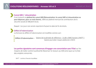 EVOLUTIONS RÈGLEMENTAIRES : Annexes VIII et X 
Cumul ARE / rémunération 
Il est instauré un plafond de cumul ARE/Rémunération: le cumul ARE et rémunération ne 
peut dépasser, pour un mois donné, 140% du plafond mensuel de contributions de la 
sécurité sociale (4 380,60 € brut). 
Rappel : Les jours non versés reportent d’autant la date de fin de droits. 
Différé d’indemnisation 
La formule du différé d’indemnisation est modifiée comme suit : 
Salaire de la période de référence – (1,68 x SMIC horaire x NHT* ) 
Salaire journalier moyen plafonné à 350 € 
Les parties signataires sont convenues d’engager une concertation avec l’Etat sur les 
moyens de lutter contre la précarité (favoriser le recours au CDI) ainsi que sur la liste 
des emplois concernés. 
Unédic ‐ DAJ ‐ 3 juillet 2014 ‐ LA CONVENTION D’ASSURANCE CHÔMAGE DU 14 MAI 2014– Page 28/43 
Présentation des principales règles 
Différé d’indemnisation = 
NHT* : nombre d’heures travaillées 
Ann 8 &10, art. 29 et 41 
 