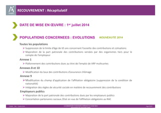 DATE DE MISE EN OEUVRE : 1er juillet 2014 
POPULATIONS CONCERNEES : EVOLUTIONS NOUVEAUTE 2014 
Unédic ‐ DAJ ‐ 3 juillet 2014 ‐ LA CONVENTION D’ASSURANCE CHÔMAGE DU 14 MAI 2014– Page 34/43 
Présentation des principales règles 
RECOUVREMENT : Récapitulatif 
Toutes les populations 
 Suppression de la limite d’âge de 65 ans concernant l’assiette des contributions et cotisations 
 Majoration de la part patronale des contributions versées par des organismes tiers pour le 
compte de l’employeur 
Annexe 1 
 Plafonnement des contributions dues au titre de l’emploi de VRP multicartes 
Annexes 8 et 10 
 Modification du taux des contributions d’assurance chômage 
Annexe 9 
Modification du champ d’application de l’affiliation obligatoire (suppression de la condition de 
nationalité) 
 Intégration des règles de sécurité sociale en matière de recouvrement des contributions 
Employeurs publics 
 Majoration de la part patronale des contributions dues par les employeurs publics 
 Concertation partenaires sociaux /Etat en vue de l’affiliation obligatoire au RAC 
 