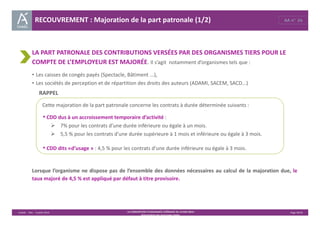 RECOUVREMENT : Majoration de la part patronale (1/2) 
LA PART PATRONALE DES CONTRIBUTIONS VERSÉES PAR DES ORGANISMES TIERS POUR LE 
COMPTE DE L’EMPLOYEUR EST MAJORÉE. Il s’agit notamment d’organismes tels que : 
• Les caisses de congés payés (Spectacle, Bâtiment ...), 
• Les sociétés de perception et de répartition des droits des auteurs (ADAMI, SACEM, SACD...) 
Cette majoration de la part patronale concerne les contrats à durée déterminée suivants : 
• CDD dus à un accroissement temporaire d’activité : 
 7% pour les contrats d’une durée inférieure ou égale à un mois. 
 5,5 % pour les contrats d’une durée supérieure à 1 mois et inférieure ou égale à 3 mois. 
• CDD dits «d’usage » : 4,5 % pour les contrats d’une durée inférieure ou égale à 3 mois. 
Lorsque l’organisme ne dispose pas de l’ensemble des données nécessaires au calcul de la majoration due, le 
taux majoré de 4,5 % est appliqué par défaut à titre provisoire. 
Unédic ‐ DAJ ‐ 3 juillet 2014 ‐ LA CONVENTION D’ASSURANCE CHÔMAGE DU 14 MAI 2014– Page 36/43 
Présentation des principales règles 
RAPPEL 
AA n° 26 
 