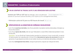 FIN DE CONTRAT DE TRAVAIL SUITE À UNE DÉMISSION NON LEGITIME 
Examen par l’IPR au 122e jour de chômage, suite à une démission 
(examen en vue d’une ouverture de droits, d’une reprise ou d’un rechargement des droits) 
• Démission suivie de 91 jours ou 455 heures de travail 
VÉRIFICATION DE LA CONDITION DE CHÔMAGE INVOLONTAIRE 
• Lors d’une ouverture de droits, lors d’une première inscription comme demandeur d’emploi ou 
d’une réinscription. 
• Lors d’une reprise des droits, dès lors que l’allocataire a cessé d’être indemnisé pendant 3 mois 
consécutifs. 
NOUVEAUTE : en cas d’arrêt de l’indemnisation pendant au minimum 3 mois consécutifs, la reprise 
d’indemnisation est subordonnée à l’envoi d’une demande de reprise de versement (lorsque la 
personne n’a pas épuisé ses droits et est restée inscrite sur la liste des demandeurs d’emploi) 
• Lors d’un rechargement des droits, lorsque la personne a épuisé son reliquat de droits. 
Unédic ‐ DAJ ‐ 3 juillet 2014 ‐ LA CONVENTION D’ASSURANCE CHÔMAGE DU 14 MAI 2014– Page 8/43 
Présentation des principales règles 
Accord d’application n°12 
RG, art. 4 e) 
PARAMETRES : Conditions d’indemnisation 
 