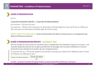 PARAMETRES : Conditions d’indemnisation RG, art. 9 
DURÉE D’INDEMNISATION 
durée d’indemnisation = 
Unédic ‐ DAJ ‐ 3 juillet 2014 ‐ LA CONVENTION D’ASSURANCE CHÔMAGE DU 14 MAI 2014– Page 9/43 
Présentation des principales règles 
RAPPEL 
1 journée d’activité salariée = 1 journée d’indemnisation 
Au minimum : 122 jours (4 mois) 
Au maximum : 730 jours (24 mois) pour les demandeurs d’emploi âgés de moins de 50 ans ou 1095 jours 
(36 mois) pour les demandeurs d’emploi âgés de 50 ans et plus 
IMPACT DROITS RECHARGEABLES : Durée d’indemnisation de 30 jours minimum pour un rechargement des 
droits de 150 heures minimum 
DURÉE D’INDEMNISATION RÉDUITE NOUVEAUTE 2014 
Afin de corriger les écarts entre les situations dues à l’appréciation de l’activité en heures ou en jours : une 
nouvelle disposition permet de corriger partiellement le décalage entre la durée d’affiliation en heures 
(intensité horaire élevée) et le nombre de jours d’appartenance. 
Si la somme des AJ > 75% du SR rapporté aux périodes retenues pour déterminer l’affiliation dans la limite 
de 730 jours ou 1095 jours, alors : 
75% du SR retenu 
AJ 
A noter : la durée minimale d’indemnisation ne peut jamais être inférieure à 122 jours. 
 