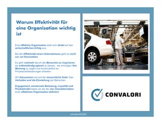 4
Eine effektive Organisation wirkt sich direkt auf den
wirtschaftlichen Erfolg aus.
Bei der Effektivität eines Unternehmens geht es nicht
nur um Kennzahlen.
Es geht vielmehr darum die Menschen zu inspirieren,
sie selbstständig agieren zu lassen, sie ermutigen ihre
Meinung zu sagen und kontinuierlich an
Prozessverbesserungen arbeiten.
Wir fokussieren uns auf die menschliche Seite: Das
Verhalten und die Einstellung der Menschen.
Engagement, emotionale Belastung, Loyalität und
Produktivität haben wir als die vier Charakteristiken
einer effektiven Organisation definiert.
Warum Effektivität für
eine Organisation wichtig
ist
convalori©2019
 
