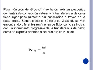 Para números de Grashof muy bajos, existen pequeñas
corrientes de convección natural y la transferencia de calor
tiene lugar principalmente por conducción a través de la
capa límite. Según crece el número de Grashof, se van
encontrando diferentes regímenes de flujo, como se indica,
con un incremento progresivo de la transferencia de calor,
como se expresa por medio del número de Nusselt
 