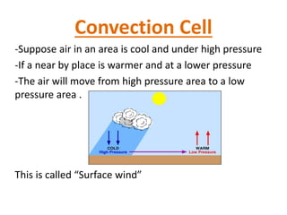 Convection Cell
-Suppose air in an area is cool and under high pressure
-If a near by place is warmer and at a lower pressure
-The air will move from high pressure area to a low
pressure area .
This is called “Surface wind”
 