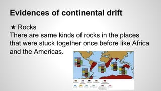 Evidences of continental drift
★ Rocks
There are same kinds of rocks in the places
that were stuck together once before like Africa
and the Americas.
 