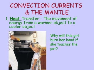 CONVECTION CURRENTS 
& THE MANTLE 
1. Heat Transfer - The movement of 
energy from a warmer object to a 
cooler object 
Why will this girl 
burn her hand if 
she touches the 
pot? 
 