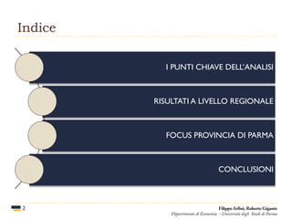 Indice
2
I PUNTI CHIAVE DELL’ANALISI
RISULTATI A LIVELLO REGIONALE
FOCUS PROVINCIA DI PARMA
CONCLUSIONI
Filippo Arfini, Roberto Gigante
Dipartimento di Economia - Università degli Studi di Parma
 