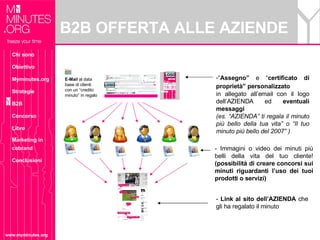 B2B OFFERTA ALLE AZIENDE www.myminutes.org -  Link al sito dell’AZIENDA  che  gli ha regalato il minuto - Immagini o video dei minuti più belli della vita del tuo cliente!  (possibilità di creare concorsi sui minuti riguardanti l’uso dei tuoi prodotti o servizi) “ Assegno”  e “ certificato di proprietà”   personalizzato   in allegato all’email con il logo dell’AZIENDA ed  eventuali messaggi   (es. “AZIENDA” ti regala il minuto più bello della tua vita” o “Il tuo minuto più bello del 2007” ) E-Mail  al data base di clienti con un “credito minuto” in regalo LOGO LOGO Chi sono Obiettivo Myminutes.org Strategie B2B Concorso Libro Marketing in cobrand Conclusioni 