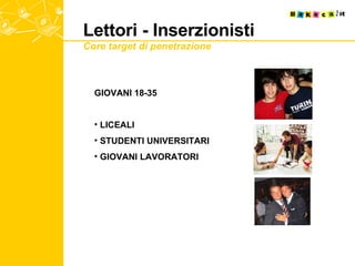 Lettori - Inserzionisti Core target di penetrazione GIOVANI 18-35 LICEALI STUDENTI UNIVERSITARI  GIOVANI LAVORATORI 