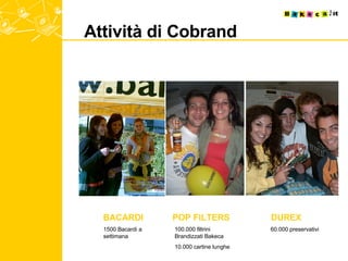 Attività di Cobrand BACARDI  POP FILTERS  DUREX 1500 Bacardi a settimana 100.000 filtrini Brandizzati Bakeca 10.000 cartine lunghe 60.000 preservativi 