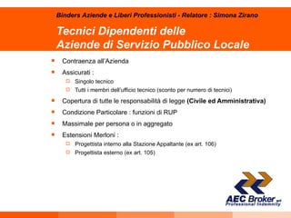 Tecnici Dipendenti delle  Aziende di Servizio Pubblico Locale Contraenza all’Azienda Assicurati : Singolo tecnico Tutti i membri dell’ufficio tecnico (sconto per numero di tecnici) Copertura di tutte le responsabilità di legge  (Civile ed Amministrativa) Condizione Particolare : funzioni di RUP Massimale per persona o in aggregato Estensioni Merloni : Progettista interno alla Stazione Appaltante (ex art. 106) Progettista esterno (ex art. 105) Binders Aziende e Liberi Professionisti - Relatore : Simona Zirano 