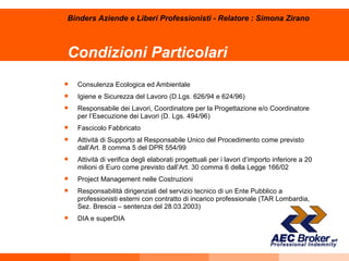 Condizioni Particolari Consulenza Ecologica ed Ambientale   Igiene e Sicurezza del Lavoro (D.Lgs. 626/94 e 624/96) Responsabile dei Lavori, Coordinatore per la Progettazione e/o Coordinatore per l’Esecuzione dei Lavori (D. Lgs. 494/96)   Fascicolo Fabbricato   Attività di Supporto al Responsabile Unico del Procedimento come previsto dall’Art. 8 comma 5 del DPR 554/99 Attività di verifica degli elaborati progettuali per i lavori d’importo inferiore a 20 milioni di Euro come previsto dall’Art. 30 comma 6 della Legge 166/02 Project Management nelle Costruzioni   Responsabilità dirigenziali del servizio tecnico di un Ente Pubblico a professionisti esterni con contratto di incarico professionale (TAR Lombardia, Sez. Brescia – sentenza del 28.03.2003)   DIA e superDIA   Binders Aziende e Liberi Professionisti - Relatore : Simona Zirano 