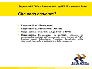 Che cosa assicura? Responsabilità Civile verso terzi  Responsabilità Amministrativa - Contabile Responsabilità derivanti dai D. Lgs. 626/94 e 494/96  Responsabilità Professionale in generale,  comprese le responsabilità derivanti dall’espletamento delle funzioni di RUP, Direttore Lavori, Collaudatore, Progettista, Coordinatore della sicurezza in fase della progettazione e della esecuzione Responsabilità Civile e Amministrativa degli EE.PP.  – Antonello Polerà 