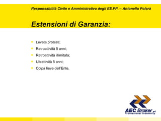 Estensioni di Garanzia: Responsabilità Civile e Amministrativa degli EE.PP.  – Antonello Polerà Levata protesti;  Retroattività 5 anni; Retroattività illimitata; Ultrattività 5 anni; Colpa lieve dell’Ente. 