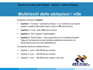 Multirischi delle abitazioni / ville Suddivisa in  4  diversi  "Capitoli" Capitolo 1  - Incendio +  extended coverage  - il cui "contenuto" può essere coperto a scelta tra  VI  (valore intero)  oppure a  PR  (primo fuoco)  Capitolo 2  - Furto - solo a  PR  (primo rischio)  Capitolo 3  - RCT (sezione "Capofamiglia")  Capitolo 4  - Rischi Esterni - tutte le garanzie di cui ai Capitoli precedenti "seguono" gli assicurati (nucleo familiare stabilmente convivente con l'Assicurato) anche al di fuori dell'abitazione  La capacità massima di sottoscrizione è: Capitolo 1 - euro 1.500.000,00  any location   Capitolo 2 - euro    300.000,00  any location  Capitolo 3 - euro    500.000,00 per sinistro e per anno Personal Accident and Property – Relatore : Antonio Platania 