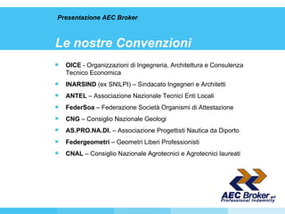 Le nostre Convenzioni OICE  - Organizzazioni di Ingegneria, Architettura e Consulenza Tecnico Economica  INARSIND  (ex SNILPI) – Sindacato Ingegneri e Architetti ANTEL  – Associazione Nazionale Tecnici Enti Locali FederSoa  – Federazione Società Organismi di Attestazione CNG  – Consiglio Nazionale Geologi AS.PRO.NA.DI.  – Associazione Progettisti Nautica da Diporto Federgeometri  – Geometri Liberi Professionisti CNAL  – Consiglio Nazionale Agrotecnici e Agrotecnici laureati Presentazione AEC Broker 