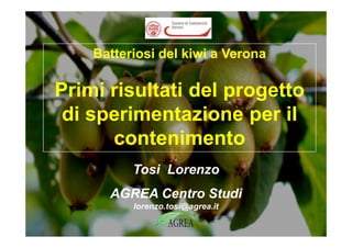 Batteriosi del kiwi a Verona

Primi risultati del progetto
di sperimentazione per il
contenimento
Tosi Lorenzo
AGREA Centro Studi
lorenzo.tosi@agrea.it

 