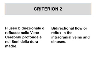 CRITERION 2
Flusso bidirezionale o
reflusso nelle Vene
Cerebrali profonde e
nei Seni della dura
madre.
Bidirectional flow or
reflux in the
intracranial veins and
sinuses.
 
