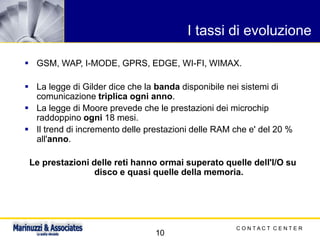 C O N T A C T C E N T E R
10
I tassi di evoluzione
▪ GSM, WAP, I-MODE, GPRS, EDGE, WI-FI, WIMAX.
▪ La legge di Gilder dice che la banda disponibile nei sistemi di
comunicazione triplica ogni anno.
▪ La legge di Moore prevede che le prestazioni dei microchip
raddoppino ogni 18 mesi.
▪ Il trend di incremento delle prestazioni delle RAM che e' del 20 %
all'anno.
Le prestazioni delle reti hanno ormai superato quelle dell'I/O su
disco e quasi quelle della memoria.
 