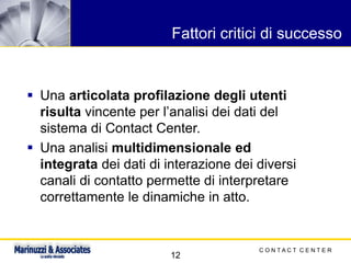 C O N T A C T C E N T E R
12
Fattori critici di successo
▪ Una articolata profilazione degli utenti
risulta vincente per l’analisi dei dati del
sistema di Contact Center.
▪ Una analisi multidimensionale ed
integrata dei dati di interazione dei diversi
canali di contatto permette di interpretare
correttamente le dinamiche in atto.
 