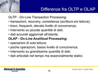 C O N T A C T C E N T E R
15
Differenze fra OLTP e OLAP
OLTP - On-Line Transaction Processing:
• transazioni, recovery, consistenza (scrittura e/o lettura);
• brevi, frequenti, elevato livello di concorrenza;
• intervento su piccole quantità di dati;
• dati accurati aggiornati all’istante.
OLAP - On-Line Analitical Processing:
• operazioni di sola lettura;
• poche operazioni, basso livello di concorrenza;
• intervento su grandissime quantità di dati;
• dati articolati nel tempo ma essenzialmente statici.
 