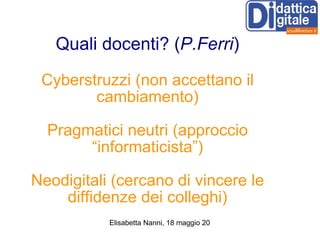 Quali docenti? ( P.Ferri ) Cyberstruzzi (non accettano il cambiamento) Pragmatici neutri (approccio “informaticista”) Neodigitali (cercano di vincere le diffidenze dei colleghi) 