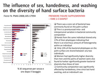 Fierer N. PNAS 2008;105:17994
% di sequenze per sesso e
ore dopo il lavaggio
PRENDERE FIGURE SUPPLEMENTARI
– FARE 2-3 DIAPO?
 There was a core set of bacterial taxa
commonly found on the palm surface
 Thre is a pronounced intra- and
interpersonal variation in bacterial community
composition
 Hands from the same individual shared only
17% of their phylotypes indicating that
there is an enormous amount of heterogeneity
within an individual
 Only 13% of the bacterial phylotypes on the
palm surface are shared between any two
individuals
 Women had significantly higher diversity
than men and the palms of women were also
found to harbor significantly greater bacterial
diversity than those of men
 Community composition was significantly
affected by handedness, time since last hand
washing, and an individual’s sex
 
