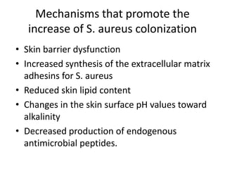 Mechanisms that promote the
increase of S. aureus colonization
• Skin barrier dysfunction
• Increased synthesis of the extracellular matrix
adhesins for S. aureus
• Reduced skin lipid content
• Changes in the skin surface pH values toward
alkalinity
• Decreased production of endogenous
antimicrobial peptides.
 
