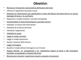 Obiettivi:
•
•
•
•
•
•
•
•
•
•
•
•
•
•
•
•

Riconosce l'intenzione comunicativa dell'autore del testo
Inferisce il significato di parole nuove
Seleziona le informazioni più significative in base all'utilizzo che deve farne e in alcuni
tipologie di testo e le confronta
Organizza in modo sintetico i concetti estrapolati
Contestualizza il testo/ brano/opera ( periodo storico)
Individua la natura del testo-brano
Individua la struttura del testo
Individua l'argomento
Individua lo scopo
Legge in modo corretto
Legge in modo espressivo
Scopre il piacere della lettura
Legge l'immagine
Ascolta in modo attivo( interagisce con il testo)
Esegue attività di anticipazioni e di aspettative legato al titolo e alle immagine
correlate, ai paragrafi e al layout del testo
Riconoscere emozioni esperienze vissute e provate al momento

 