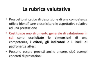 La rubrica valutativa
• Prospetto sintetico di descrizione di una competenza
utile a identificare e esplicitare le aspettative relative
ad una prestazione
• Costituisce uno strumento generale di valutazione in
cui sono esplicitate le dimensioni di una
competenza, i criteri, gli indicatori e i livelli di
padronanza attesi.
• Possono essere previsti anche ancore, cioè esempi
concreti di prestazioni

 