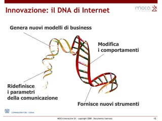 Genera nuovi modelli di business Innovazione: il DNA di Internet Fornisce nuovi strumenti  Modifica  i comportamenti Ridefinisce  i parametri  della comunicazione 