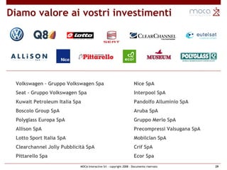 Nice SpA Interpool SpA  Pandolfo Alluminio SpA Aruba SpA  Gruppo Merlo SpA  Precompressi Valsugana SpA  Mobilclan SpA Crif SpA  Ecor Spa Volkswagen – Gruppo Volkswagen Spa Seat – Gruppo Volkswagen Spa  Kuwait Petroleum Italia Spa Boscolo Group SpA  Polyglass Europa SpA  Allison SpA  Lotto Sport Italia SpA Clearchannel Jolly Pubblicità SpA Pittarello Spa Diamo valore ai vostri investimenti 