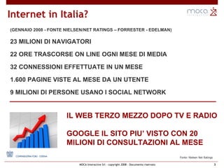 (GENNAIO 2008 - FONTE NIELSEN/NET RATINGS – FORRESTER - EDELMAN) 23 MILIONI DI NAVIGATORI   22 ORE TRASCORSE ON LINE   OGNI MESE DI MEDIA  32 CONNESSIONI   EFFETTUATE IN UN MESE 1.600 PAGINE VISTE AL MESE DA UN UTENTE 9 MILIONI DI PERSONE USANO I SOCIAL NETWORK IL WEB TERZO MEZZO DOPO TV E RADIO GOOGLE IL SITO PIU’ VISTO CON 20  MILIONI DI CONSULTAZIONI AL MESE Internet in Italia? Fonte: Nielsen Net Ratings 