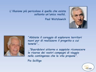 “Abbiate il coraggio di esplorare territori
nuovi pur di realizzare il progetto a cui
tenete”…
…“Guardatevi attorno e sappiate riconoscere
le risorse dei vostri compagni di viaggio
nella contingenza che la vita propone”.
Pio Scilligo
L'illusione più pericolosa è quella che esista
soltanto un'unica realtà.
Paul Watzlawick
 