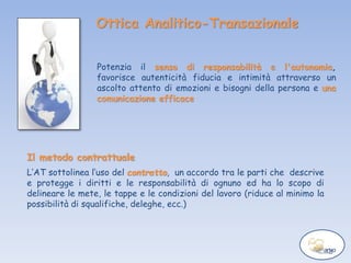 Ottica Analitico-Transazionale
Il metodo contrattuale
L’AT sottolinea l’uso del contratto, un accordo tra le parti che descrive
e protegge i diritti e le responsabilità di ognuno ed ha lo scopo di
delineare le mete, le tappe e le condizioni del lavoro (riduce al minimo la
possibilità di squalifiche, deleghe, ecc.)
Potenzia il senso di responsabilità e l'autonomia,
favorisce autenticità fiducia e intimità attraverso un
ascolto attento di emozioni e bisogni della persona e una
comunicazione efficace
 