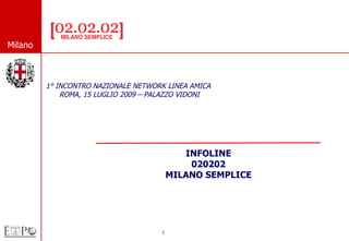 © Comune di Milano




Milano



         1° INCONTRO NAZIONALE NETWORK LINEA AMICA
             ROMA, 15 LUGLIO 2009 – PALAZZO VIDONI




                                            INFOLINE
                                             020202
                                         MILANO SEMPLICE




                                     1
 
