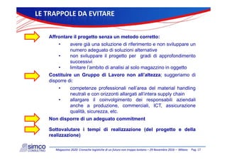 LETRAPPOLEDAEVITARE
Affrontare il progetto senza un metodo corretto:
• avere già una soluzione di riferimento e non sviluppare un• avere già una soluzione di riferimento e non sviluppare un
numero adeguato di soluzioni alternative
• non sviluppare il progetto per gradi di approfondimento
successivisuccessivi
• limitare l’ambito di analisi al solo magazzino in oggetto
Costituire un Gruppo di Lavoro non all’altezza; suggeriamo di
disporre di:disporre di:
• competenze professionali nell’area del material handling
neutrali e con orizzonti allargati all’intera supply chain
ll il i l i t d i bili i d li• allargare il coinvolgimento dei responsabili aziendali
anche a produzione, commerciali, ICT, assicurazione
qualità, sicurezza, etc.
Non disporre di un adeguato commitment
Sottovalutare i tempi di realizzazione (del progetto e della
realizzazione)
Pag.17Magazzino2020:CronachelogistichediunfuturonontroppolontanoMagazzino2020:Cronachelogistichediunfuturonontroppolontano–– 29Novembre201629Novembre2016–– MilanoMilano
realizzazione)
 