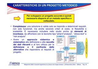 CARATTERISTICHEDI UNPROGETTOMETODICO
Per sviluppare un progetto accurato è quindi
necessario disporre di un metodo specifico e
• Completezza: una soluzione è valida solo se risponde a determinati requisiti
necessario disporre di un metodo specifico e
collaudato.
Completezza: una soluzione è valida solo se risponde a determinati requisiti,
non solo funzionali, ma anche secondo criteri di costo, di flessibilità e
scalabilità. È necessario includere nello studio anche gli elementi di
incertezza, da affrontarsi con le tecniche tipo:“what-if analysis”, “stress-test” eincertezza, da affrontarsi con le tecniche tipo: what if analysis , stress test e
“risk analysis”
• Avere un approccio sistemico e
sistematico alla definizione e alla raccoltasistematico alla definizione e alla raccolta
dei dati rilevanti e al loro utilizzo per la
definizione e il confronto delle
alternative che rispondono ai requisiti dialternative che rispondono ai requisiti di
progetto
Pag.18Magazzino2020:CronachelogistichediunfuturonontroppolontanoMagazzino2020:Cronachelogistichediunfuturonontroppolontano–– 29Novembre201629Novembre2016–– MilanoMilano
 