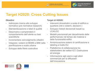 Target H2020: Cross Cutting Issues
Target di H2020:
- Interventi dimostrativi a scala di edificio e
quartiere (reti e sistemi, decisioni )
- Sviluppo metodi decisionali basati su
LCA/LCC
- Modelli previsionali per decadimento delle
performances nel tempo dei materiai e
delle funzionalità edifici
- Armonizzazione sistemi di certificazione e
labeling a livello EU
- Piattaforme di collaborazione tra
stakeholders dei settori ICT, Costruzione
ed energia
- Informazione agli users e agli attori
commerciali per la diffusioen
dell’innovazione
Obiettivi
- Indirizzare ricerca allo sviluppo
normativo (pre normative research)
- Standardizzazione e label di qualità
- Descrivere e comprendere il
comportamento dell’utente su basi
scientifiche
- Incrementare coinvolgimento cittadini
- Integrare i sistemi di BEMS e BIM nella
pianificazione a scala urbana
- Sviluppo delle filiere costruttive
 