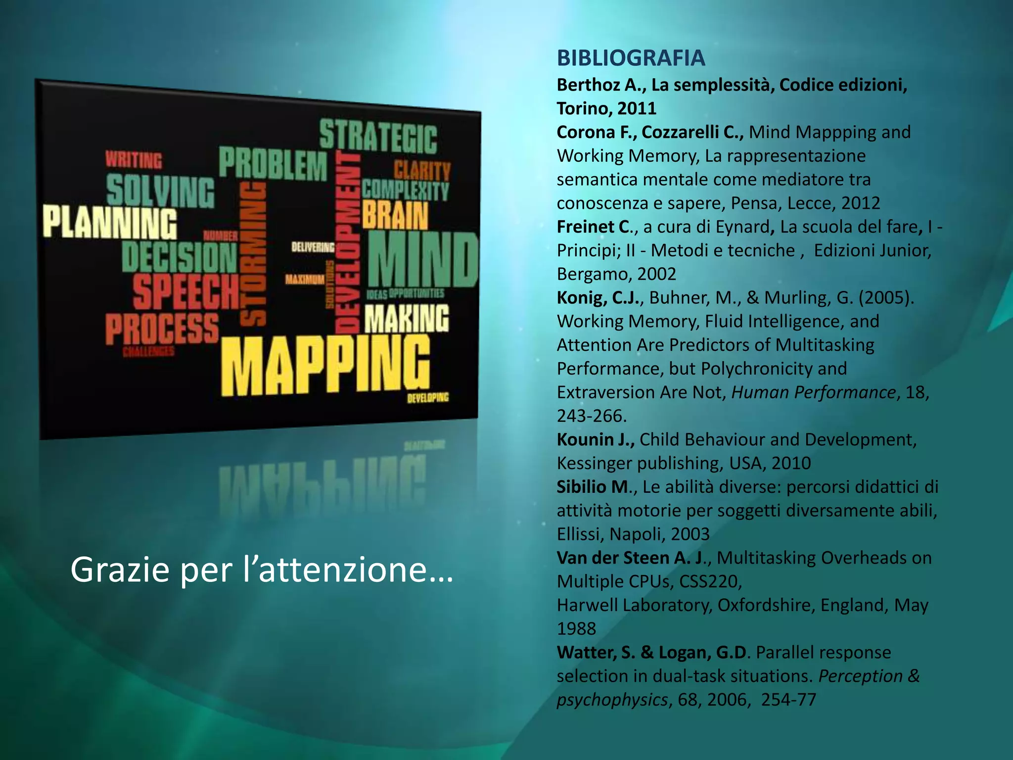 BIBLIOGRAFIA
                           Berthoz A., La semplessità, Codice edizioni,
                           Torino, 2011
                           Corona F., Cozzarelli C., Mind Mappping and
                           Working Memory, La rappresentazione
                           semantica mentale come mediatore tra
                           conoscenza e sapere, Pensa, Lecce, 2012
                           Freinet C., a cura di Eynard, La scuola del fare, I -
                           Principi; II - Metodi e tecniche , Edizioni Junior,
                           Bergamo, 2002
                           Konig, C.J., Buhner, M., & Murling, G. (2005).
                           Working Memory, Fluid Intelligence, and
                           Attention Are Predictors of Multitasking
                           Performance, but Polychronicity and
                           Extraversion Are Not, Human Performance, 18,
                           243-266.
                           Kounin J., Child Behaviour and Development,
                           Kessinger publishing, USA, 2010
                           Sibilio M., Le abilità diverse: percorsi didattici di
                           attività motorie per soggetti diversamente abili,
                           Ellissi, Napoli, 2003
                           Van der Steen A. J., Multitasking Overheads on
Grazie per l’attenzione…   Multiple CPUs, CSS220,
                           Harwell Laboratory, Oxfordshire, England, May
                           1988
                           Watter, S. & Logan, G.D. Parallel response
                           selection in dual-task situations. Perception &
                           psychophysics, 68, 2006, 254-77
 