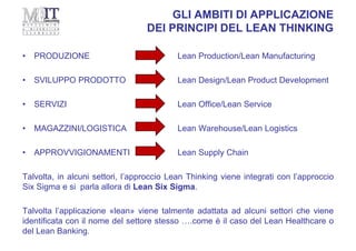 GLI AMBITI DI APPLICAZIONE
DEI PRINCIPI DEL LEAN THINKING
• PRODUZIONE Lean Production/Lean Manufacturing
• SVILUPPO PRODOTTO Lean Design/Lean Product Development
• SERVIZI Lean Office/Lean Service
• MAGAZZINI/LOGISTICA Lean Warehouse/Lean Logistics
• APPROVVIGIONAMENTI Lean Supply Chain
Talvolta, in alcuni settori, l’approccio Lean Thinking viene integrati con l’approccio
Six Sigma e si parla allora di Lean Six Sigma.
Talvolta l’applicazione «lean» viene talmente adattata ad alcuni settori che viene
identificata con il nome del settore stesso ….come è il caso del Lean Healthcare o
del Lean Banking.
 