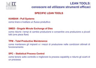 KANBAN - Pull Systems
come tirare e livellare un flusso produttivo
SMED - Singole Minute Exchange of Dies
come ridurre i tempi di cambio produzione e consentire una produzione a piccoli
lotti (one piece flow)
TPM - Total Productive Maintenance
come mantenere gli impianti e i mezzi di produzione nelle condizioni ottimali di
funzionamento
SPC – Statistical Process Control
come tenere sotto controllo e migliorare la process capability e ridurre gli scarti di
un processo
SPECIFIC LEAN TOOLS
LEAN TOOLS:
conoscere ed utilizzare strumenti efficaci
 