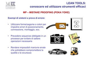 MP – MISTAKE PROOFING (POKA YOKE)
LEAN TOOLS:
conoscere ed utilizzare strumenti efficaci
Esempi di sistemi a prova di errore:
• Utilizzare forme/sagome o colori per
impedire errori di posizionamento,
connessione, montaggio, ecc.
• Prevedere sequenze obbligate in un
processo per evitare di saltare
operazioni necessarie
• Rendere impossibili manovre errate
che potrebbero compromettere la
qualità o la sicurezza
 